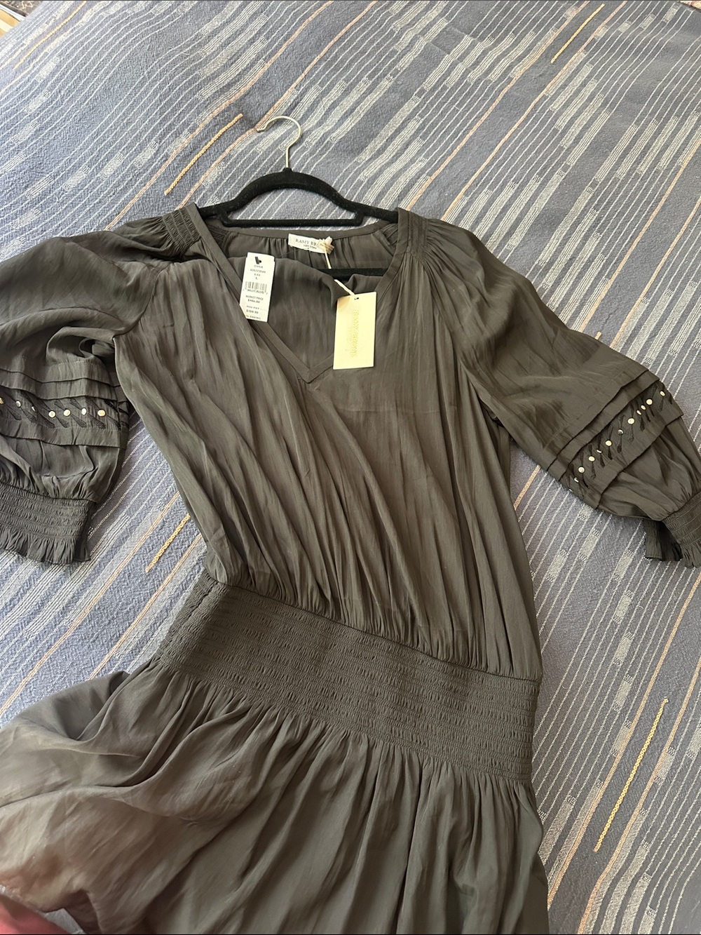 Ramy Brook black Smocked Waist Midi Dress with Studded Sleeves